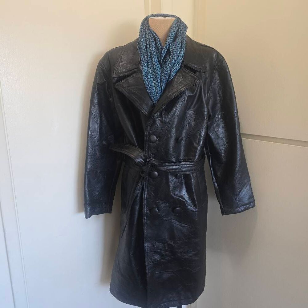 Men's Vintage Blk Patch Leather Midi Length Trench Coat w/Belt NWOT,  SMALL